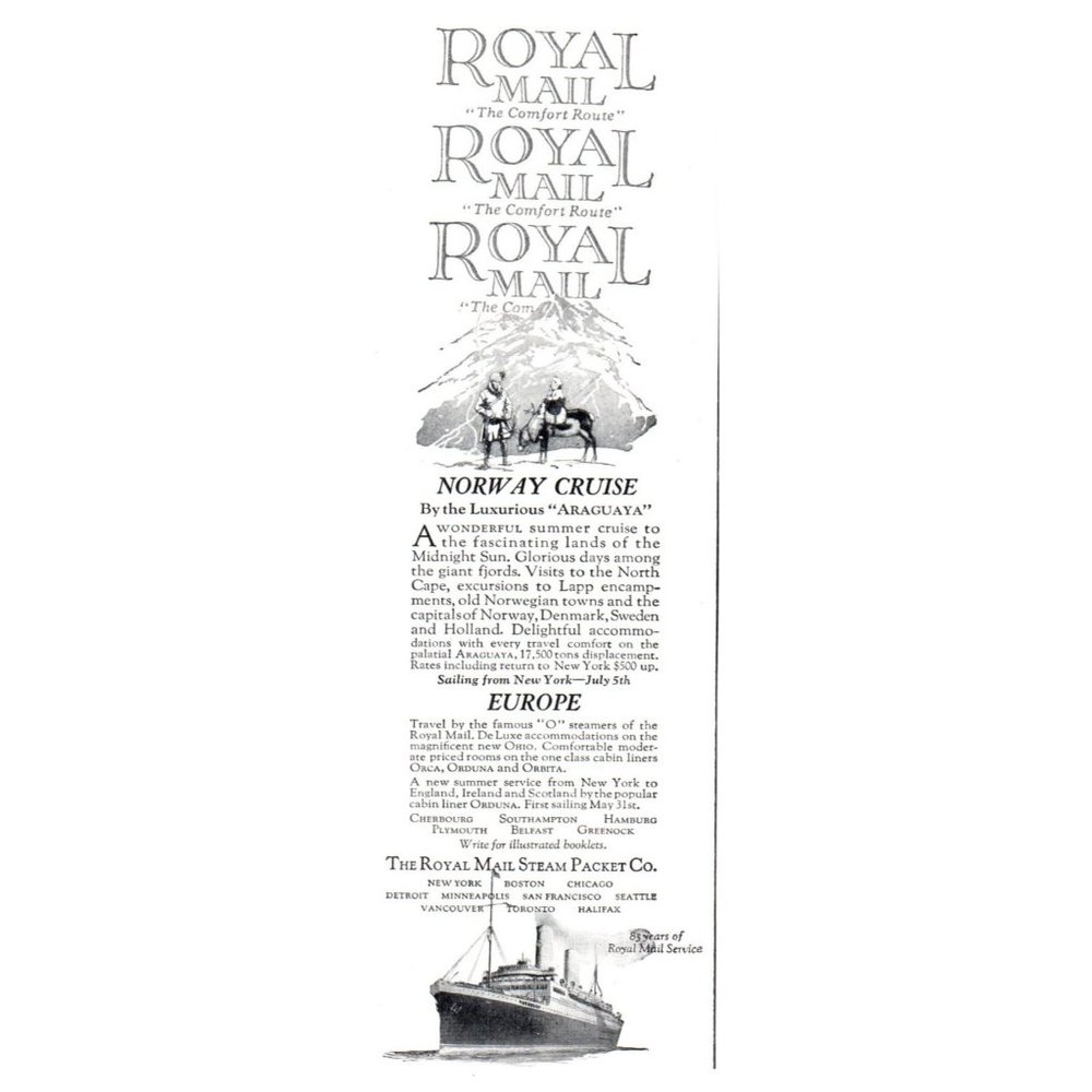 1924 The Royal Mail Steam Packet Company Vintage Print Ad Norway Cruise Wall Art